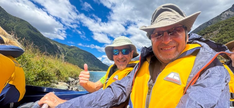 4 Two male guests jetboating in Mount Aspiring National Park 060125