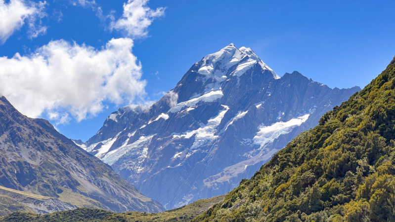 Aoraki/Mt Cooks snow capped peaks standing tall.