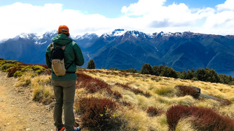 Alpine views from the Kepler Track. Snow-capped peaks and rugged mountains.