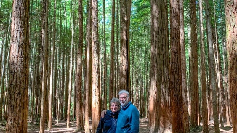 Smiles in under the New Zealand Redwoods