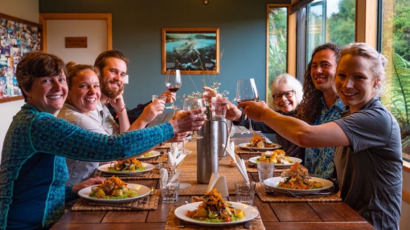 Dinner at Martins Bay Lodge, Hollyford Track