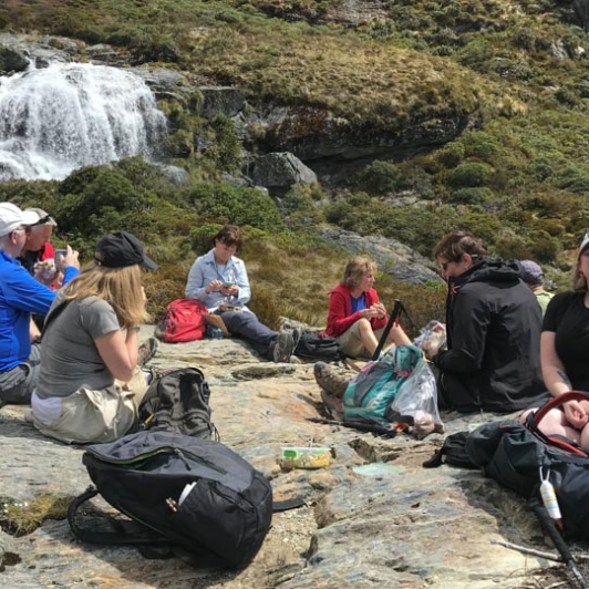 Rest at Routeburn Track Falls, Otago New Zealand