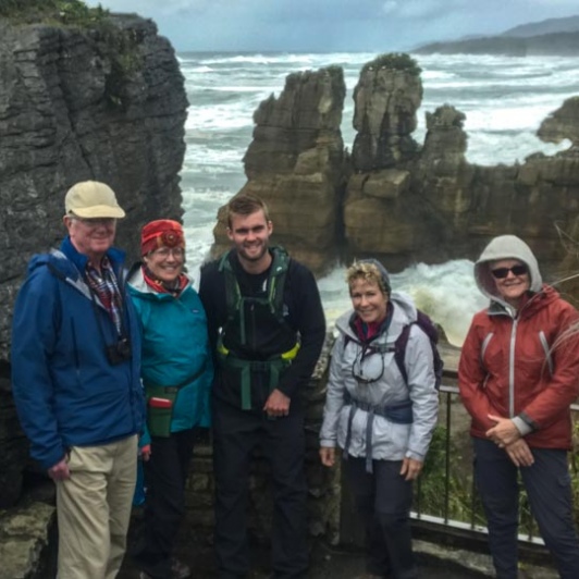 Group at Punakaiki Pancake Rocks and Blowholes, Porarari National Park West Coast New Zealand